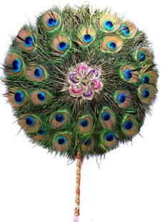 CHEZEL Peacock Feather Big Size Hand Fan with Both Side Feather Decorative Showpiece  -  30 cm
