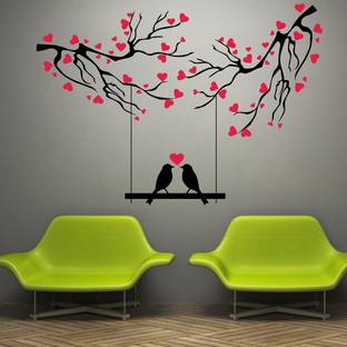 Creatick Studio 122 cm Red Love Birds Wall Art Tree Swing Sticker Couple Birds Stickers Self Adhesive Sticker
