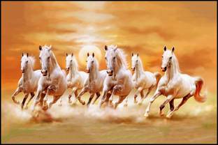 Beautiful Seven white Horses Galloping at Orange Sunset Sky Poster | Vastu Poster | HD Wall Poster for Room decor Paper Print