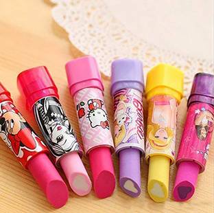 VJTI Toys for Girl's Cartoon Lipstick Style Erasers Pack of 6 Non-Toxic Eraser