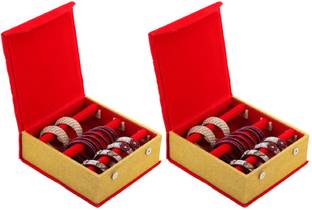 KUBER INDUSTRIES Floral Design Wooden 2 Piece Three Rod Velvet Bangle Storage Box, Red & Gold - CTKTC22710 Make Up Vanity Box