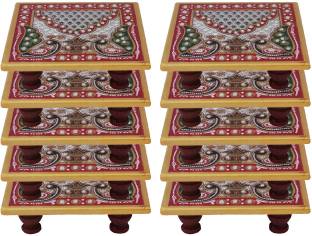 Paheli Craft Marble Chowki Set of 10 With Peacock Design Aasan For Puja (4x4 inch, Multicolor) Marble Pooja Chowki