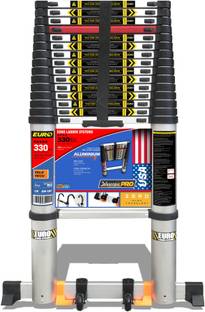 EURO Telescopic ladder 6.2 meter ( 20.6 ft ) - Stores at 3.9 ft - 10x Stronger Zero Flex technology – Flex Free Ladder - Sand Blasted Aluminium - Red Que safe step – Stabilizer, Anti Skid Pads & Wheel Kit Aluminium Ladder