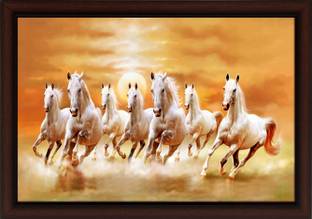 Masstone Lucky Seven Running Horses Vastu UV Matt Textured Framed Digital Reprint 14 inch x 20 inch Painting