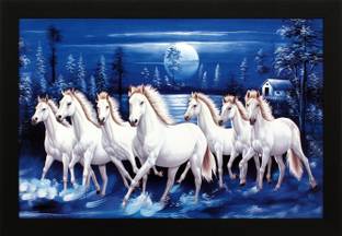 Masstone Vastu Seven Horses Running Blue Background UV Matt Textured Framed Digital Reprint 14 inch x 20 inch Painting