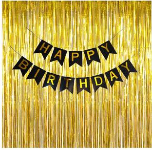 Balloons Festiko 3 * 6ft (Set-1) Golden foil Curtains+Happy Birthday Black Banner Decoration (Birthday Banner & Gold foil Curtains)