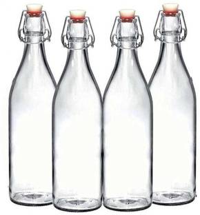 SkyKey Large Plain Glass Transparent Water Juice Bottle - (4 Pcs), 1000 ml Bottle