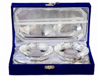 GIFTCITY German Silver Plated 2 Bowl Set (Hand Work) With Embossed Tray Bowl, Spoon, Tray Serving Set