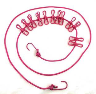 Veer Traders 3 Meter Stretchable Cloth Drying Rope with 12 Clips Nylon Retractable Clothesline