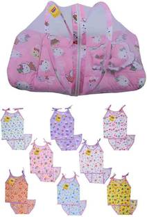 Fareto New Born Baby Combo of 1 Mosquito Net Bed & 8 Baby Aline Jhabla with 8 Nappies(0-3 Months) PID- Pink