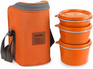 cello Max Fresh Hot Wave Lunch Box Inner Steel, Orange, (Capacity - 225ml, 375ml & 550ml) 3 Containers Lunch Box