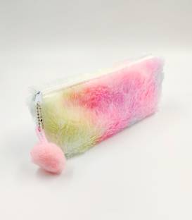 R H lifestyle Rainbow Plush Fur Pencil Case Plush Fur Art Canvas Pencil Box