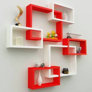 Antique Creations Wooden Intersecting Wall Shelves Set of 6 for Living Room (Red and White) MDF (Medium Density Fiber) Wall Shelf
