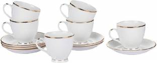 Femora Pack of 12 Bone China Femora Indian Ceramic Fine Bone China Pack of 12 Gold Line Diamond Cut White Cups & Saucers, 200 ml (White)