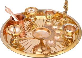 Hazzlewood brass pooja set combo (1plate,1bell,1 arathi lamp,2 diya ,2kumkum cup,1 copper glass and 1 copper spoon) Brass