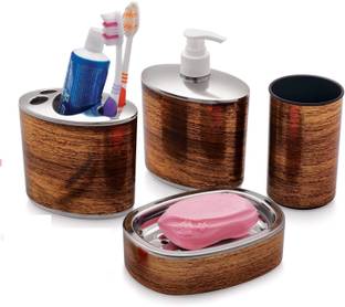 SINDHUSALES Wooden 4 Piece Bathroom Accessories Set Plastic Bathroom Set