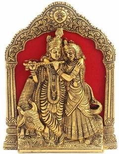 KridayKraft Antique Golden Finish Radha Krishna with Cow on Thin Metal Frame Wall Hanging and for Table Decorative Showpiece  -  21.6 cm