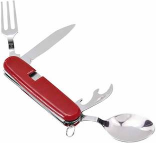 Prateek Kitchenware 4-in-1 Stainless Steel Travel/Camping Folding Multi Swiss Cutlery Set Spoon 4 Function Multi Utility Swiss Knife