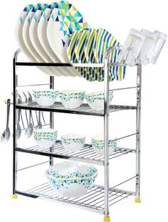 FORTUNE BLU Cutlery Kitchen Rack Steel Stainless Steel 4 Layer Shelf Wall Mount Kitchen Dish Rack | Utensils Rack with Plate & Cutlery Stand | Modular Kitchen Storage Rack | Kitchen Organizer