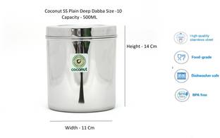COCONUT Stainless Steel Plain Deep Dabba / Container / Storage / Utility Box - Pack of 6 Containers  - 500 ml स्टील ग्रोसरी कंटेनर