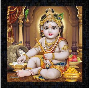 Poster N Frames Poster And Frame Baby Bal Krishna Painting | For Pooja Room | Home Decor Item Digital Reprint 14 inch x 14 inch Painting