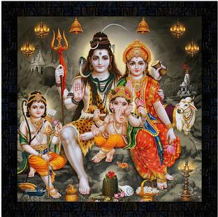 Poster N Frames Poster And Frame Bholenath Parivar Framed Poster | Best Gift For Home Decoration Digital Reprint 14 inch x 14 inch Painting