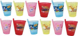 ThemeHouseParty Plastic Winnie The Pooh, Mickey, Disney Princess, car Glasses Sipper with Straw and lid, (Multicolored) Set of 12