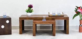 SamDecors Solid Sheesham Wood Emily Set of Two Nesting Tables (Set of One Centre Coffee Table and One Side Table) (Lacquer Finish, Natural Teak) Solid Wood Nesting Table