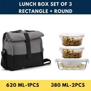 Femora Borosilicate Glass Container Grey Black Lunch Box- Set of 3 Containers Lunch Box