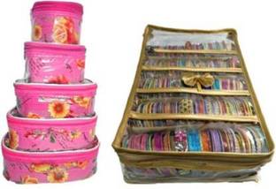 Kristina Combo Of 2 Pieces Set of 5 kit Storage 5 Rods Satin Bangle Bracelet Bag Organizer Vanity Box (Pink, Golden) Jewellery, Organizer Vanity Box