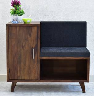 SamDecors Solid Sheesham Wood (Rosewood) Zoe Multipurpose Cabinet/Shoe Rack with Upholstered Seat (Lacquer Finish, Natural Teak) Solid Wood Shoe Rack