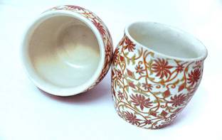 Crock Comforts Pack of 2 Stoneware, Ceramic Flower Chai Kullar/Kullad/Cups/Mugs-Set of 2,Microwave & Dishwasher Safe,OPK02