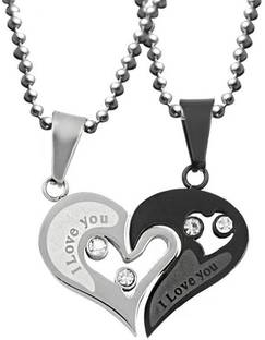 SILVOSWAN Valentine Day Gift for Girlfriend and Boyfriend Heart Couple Pendant / Locket for Girls and Boys Platinum Stainless Steel, Brass Pendant Set