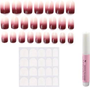 Creative Fingers 24 Pcs Red White Designed Press on False Nails With Glue Sticker Multicolour