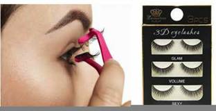 Gugzy False Eyelash + Stainless Steel False Eyelashes Extension Applicator Tool Fish Tail Clip Auxiliary Clip Tweezers Nipper Tool Combo (3 Pair Eyelashs + Pink Applicator)