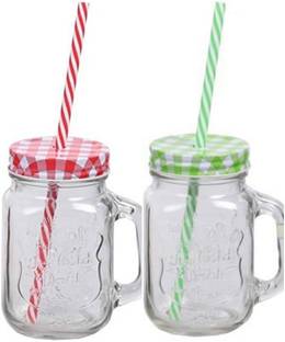 Biz International Glass Mason Jar with Straw and Handle, 500ml, 2-Piece (Transparent) Glass Mason Jar