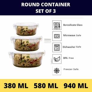 Femora Glass Fridge Container  - 580 ml, 380 ml, 940 ml
