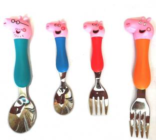 FunBlast Cute Cartoon Fork and Spoon Set for Kids | Stainless Steel Spoon & Fork Set for Baby Stainless Steel, Plastic Cutlery Set