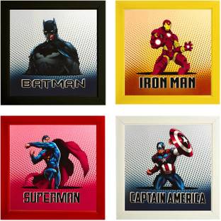 Indianara Set of 4 Batman Superman Iron Man Captain America Paintings (2504) Without Glass 9.5 x 9.5 inch Eachings (2503) Without Glass 9.5 x 9.5 inch Each Digital Reprint 9.5 inch x 9.5 inch Painting