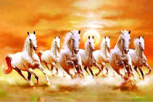 ''vastu Poster'' White 7 Horse vastu Painting, beautiful Seven Horse Running At Sunrise, Wall Sticker, Wall Painting, Washable Vinyl Sticker Poster, Natural Sticker, Home Decor, Office Decor Photo Fine Art Print