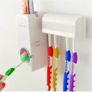 CRENTILA Automatic Toothpaste Dispenser And Tooth Brush Holder Set Plastic Toothbrush Holder