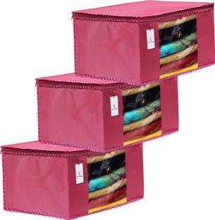 KUBER INDUSTRIES Saree Cover Designer 3 Piece Non Woven Fabric Saree Cover Set with Transparent Window, Extra Large, Pink-CTKTC31872 CTKTC031872