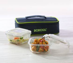 BOROSIL present Square 2 Glass Container (FLAT) with microwave safe, leak proof 2 Containers Lunch Box
