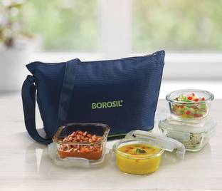 BOROSIL present Round 2 & Square 2 Glass Container with microwave safe, leak proof Daisy 4 Containers Lunch Box