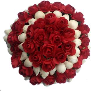 GuruEmbellish Red Flower Gajra Hair Accessories for Bun Styling For Women and Girls (White & Red) Hair Accessory Set