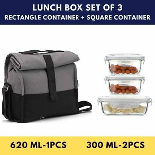 Femora Borosilicate Glass Container Grey Black Lunch Box- Set of 3 Containers Lunch Box