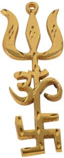Shree Poojan Trishakti Yantra Swastik Om Trishul Big Metal Wall Hanging Brass Yantra