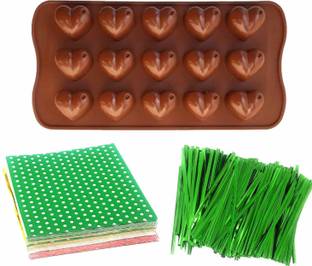 noble foods Combo Set of Silicone Heart Shape Chocolate Mould with Wrapper and Twist Ties Kitchen Tool Set