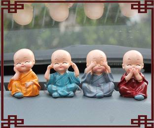 SmsTraders Car Dashboard Accessories Set of 4 Handcrafted Miniature Decorative Buddha Monk Figurines Showpiece for car,Home+(Car Dustbin 100% Free) Decorative Showpiece  -  5 cm