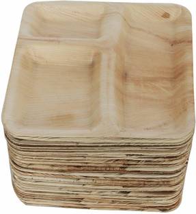 AGRI CLUB Areca Leaves 9"x9"inch 3 Compartments Square Disposal Plates,Set Of 25 Sectioned Plate